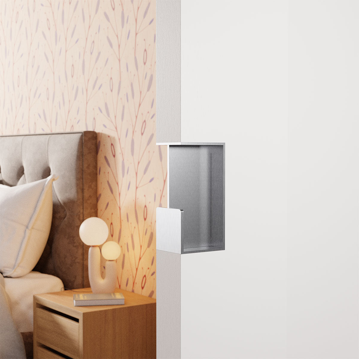 Inbouw schuifdeurkom rechthoekig RVS geborsteld 100x50x40 mm – deur in de wand – sfeerfoto