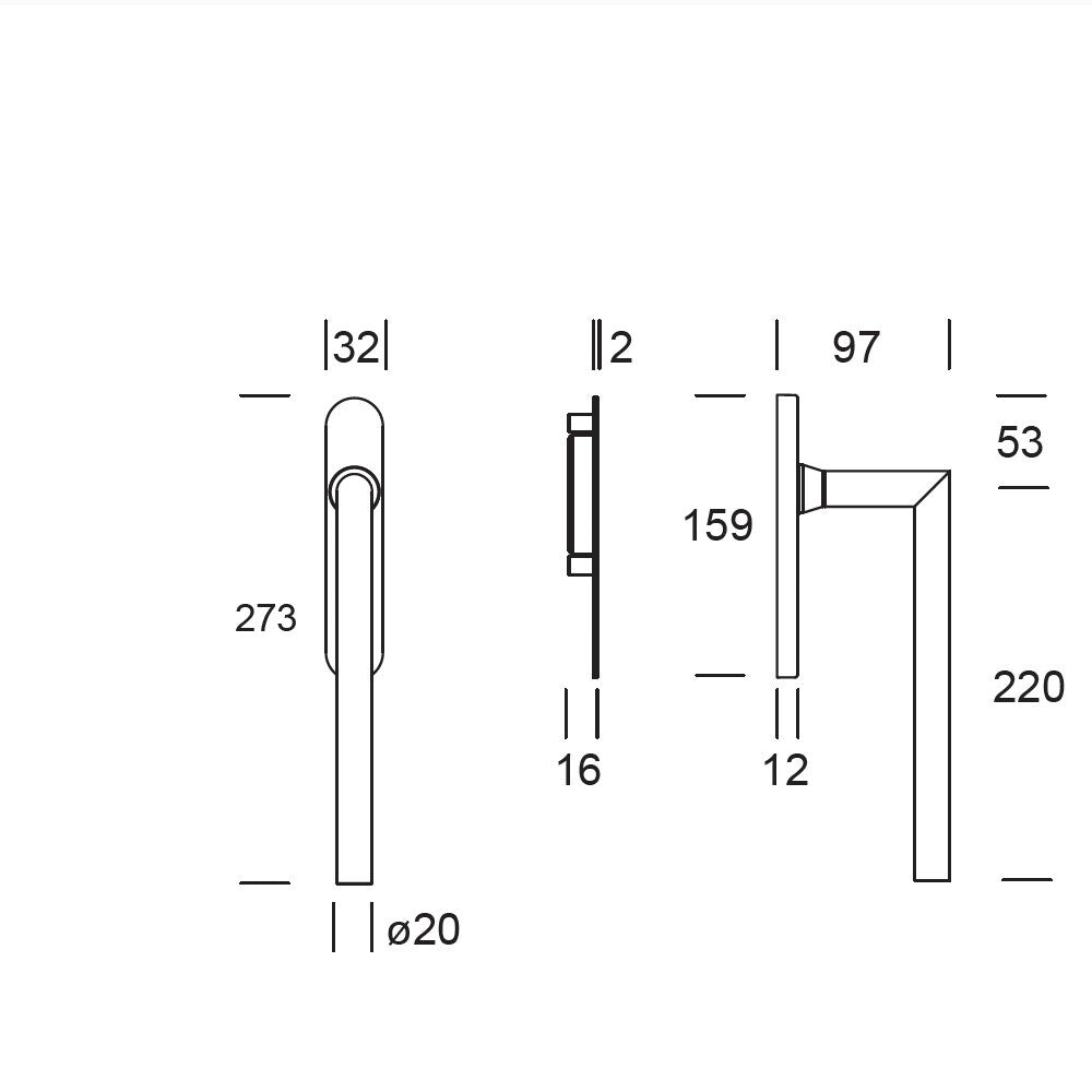 Hefschuifbeslag Toledo haaks PVD gun metal Hardbrass technische tekening