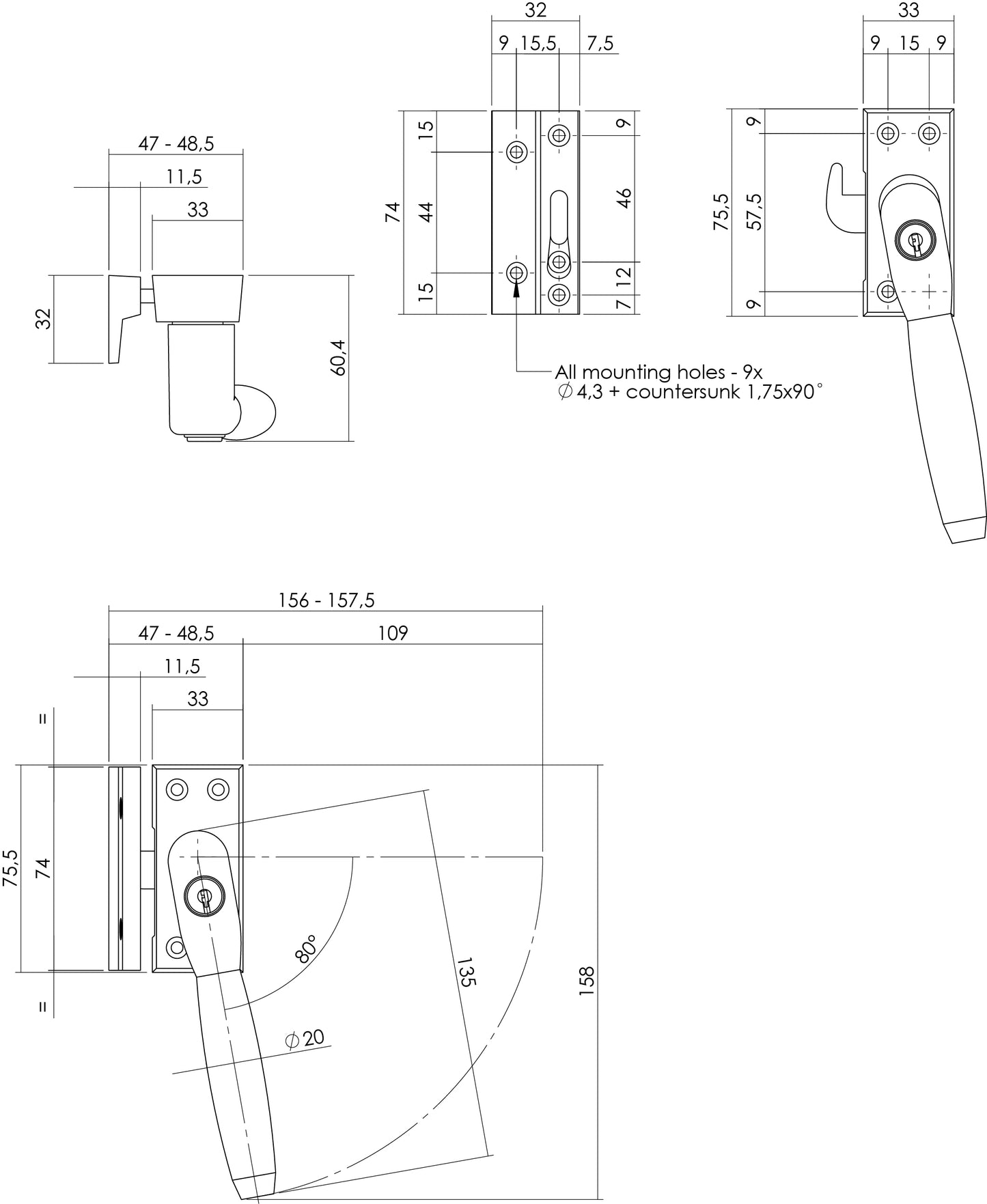 Intersteel Window Handle Ton model left or right - tumbled brass / ebony