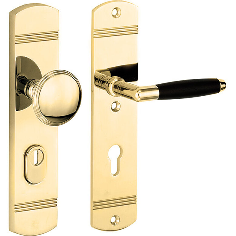Veiligheidsbeslag Ton op Art-Deco schild messing onbehandeld SKG*** knop/kruk 72 mm DIN rechts