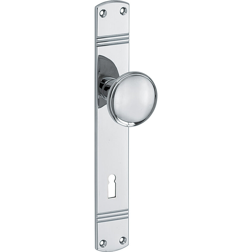 Knopgarnituur Art-Deco glanzend chroom op langschild – sleutelgat 72 mm