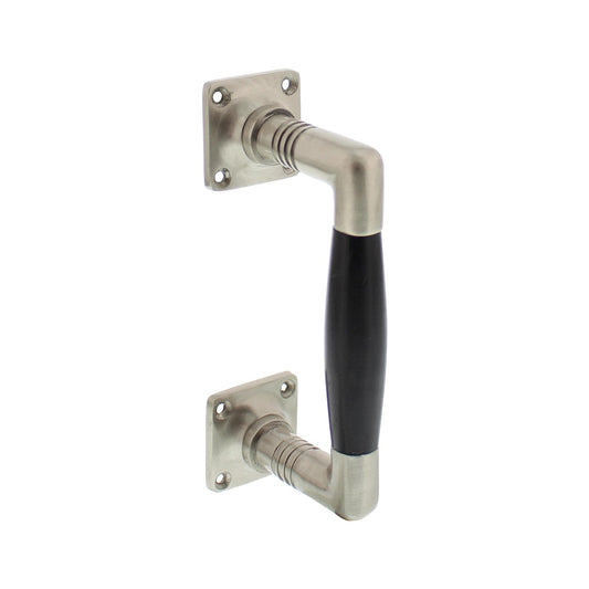 Handgreep Ton nikkel mat met zwarte greep op vierkant rozet 75/150 mm