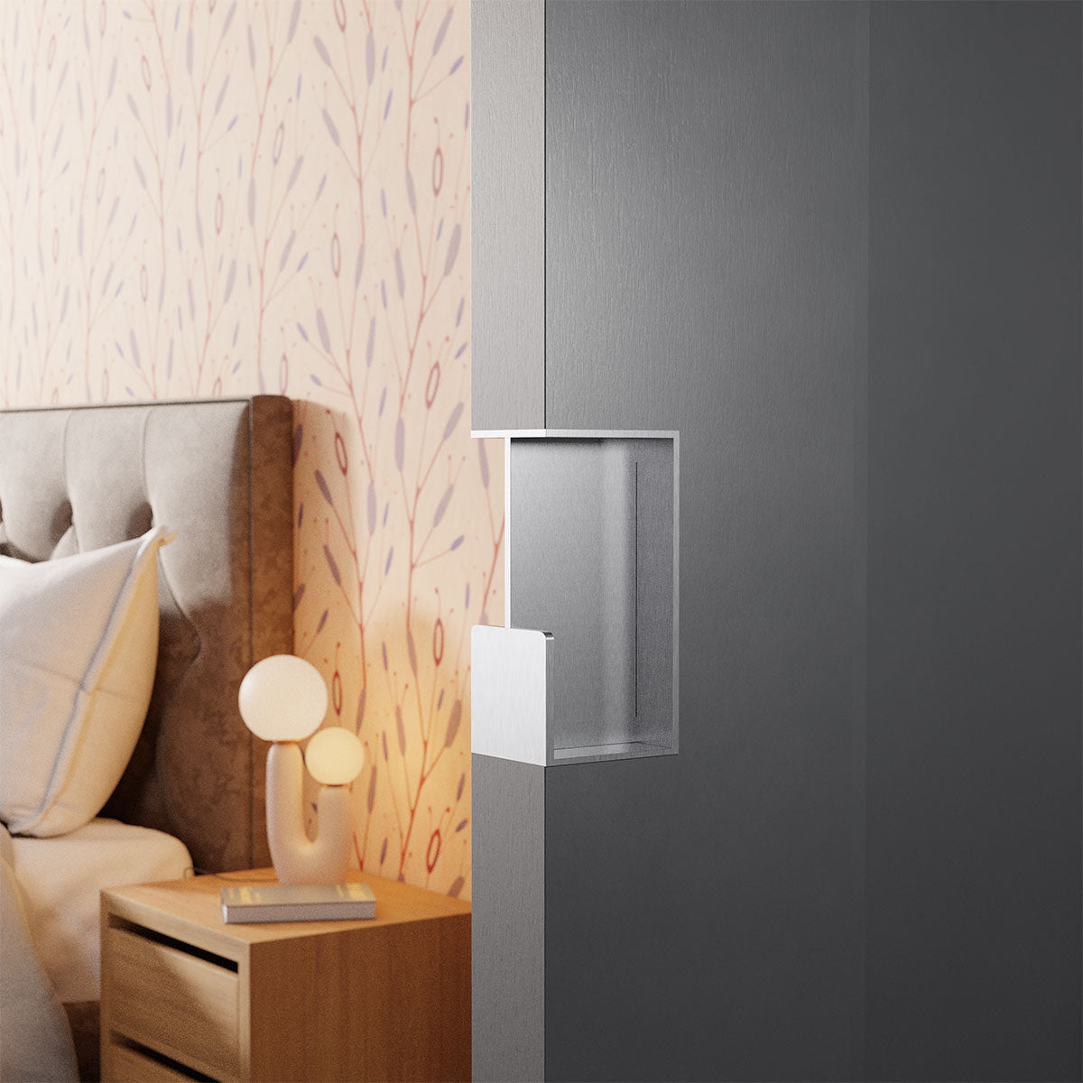 Inbouw schuifdeurkom rechthoekig RVS geborsteld 100x50x40 mm – deur in de wand – sfeerfoto