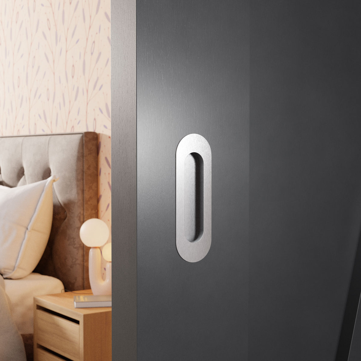 Schuifdeurkom ovaal RVS geborsteld 120x40–180x60 mm – sfeerfoto