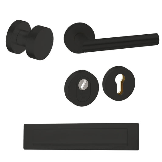 Voordeurset rond Piano zwart met briefplaat Hardbrass