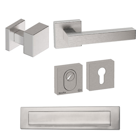 Voordeurset vierkant Quadro EXC RVS met briefplaat Hardbrass