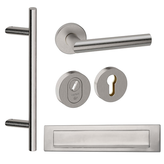 Voordeurset rond Frankfurt schuin RVS met briefplaat Hardbrass