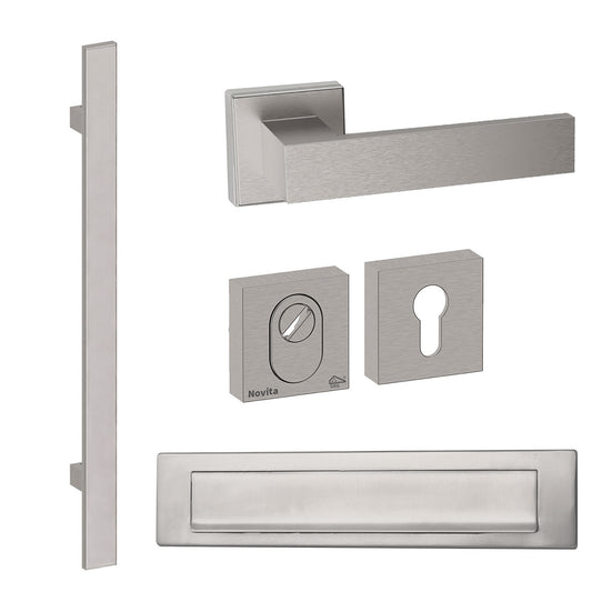 Voordeurset vierkant Miami 800 RVS met briefplaat Hardbrass