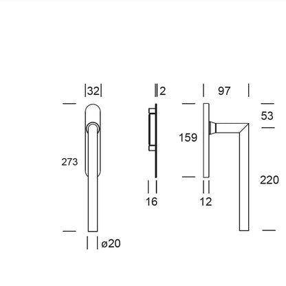 Hefschuifbeslag Toledo haaks PVD gun metal Hardbrass technische tekening