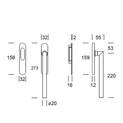 Hefschuifbeslag Toledo B extra ondiep RVS Hardbrass technische tekening