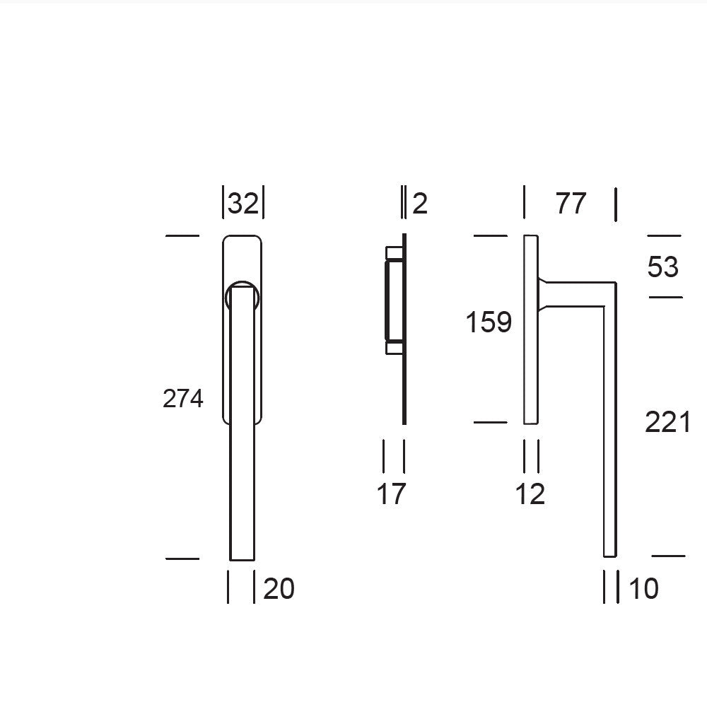Hefschuifbeslag Phoenix haaks RVS Hardbrass technische tekening
