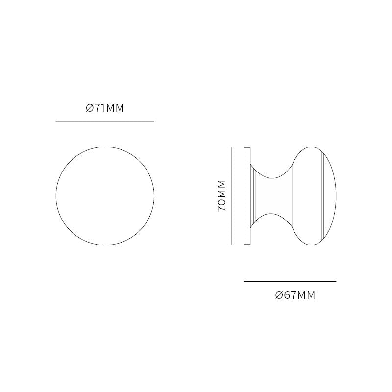 Voordeurknop Pragma 70 mm getrommeld messing – maattekening