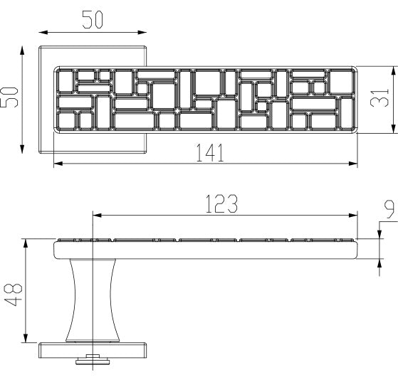 Deurklink Tetris PUURzwart op vierkant rozet Mariani technische tekening
