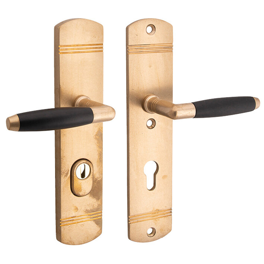 Veiligheidsbeslag Ton op Art-Deco schild antiek messing SKG*** kruk/kruk 72 mm DIN rechts