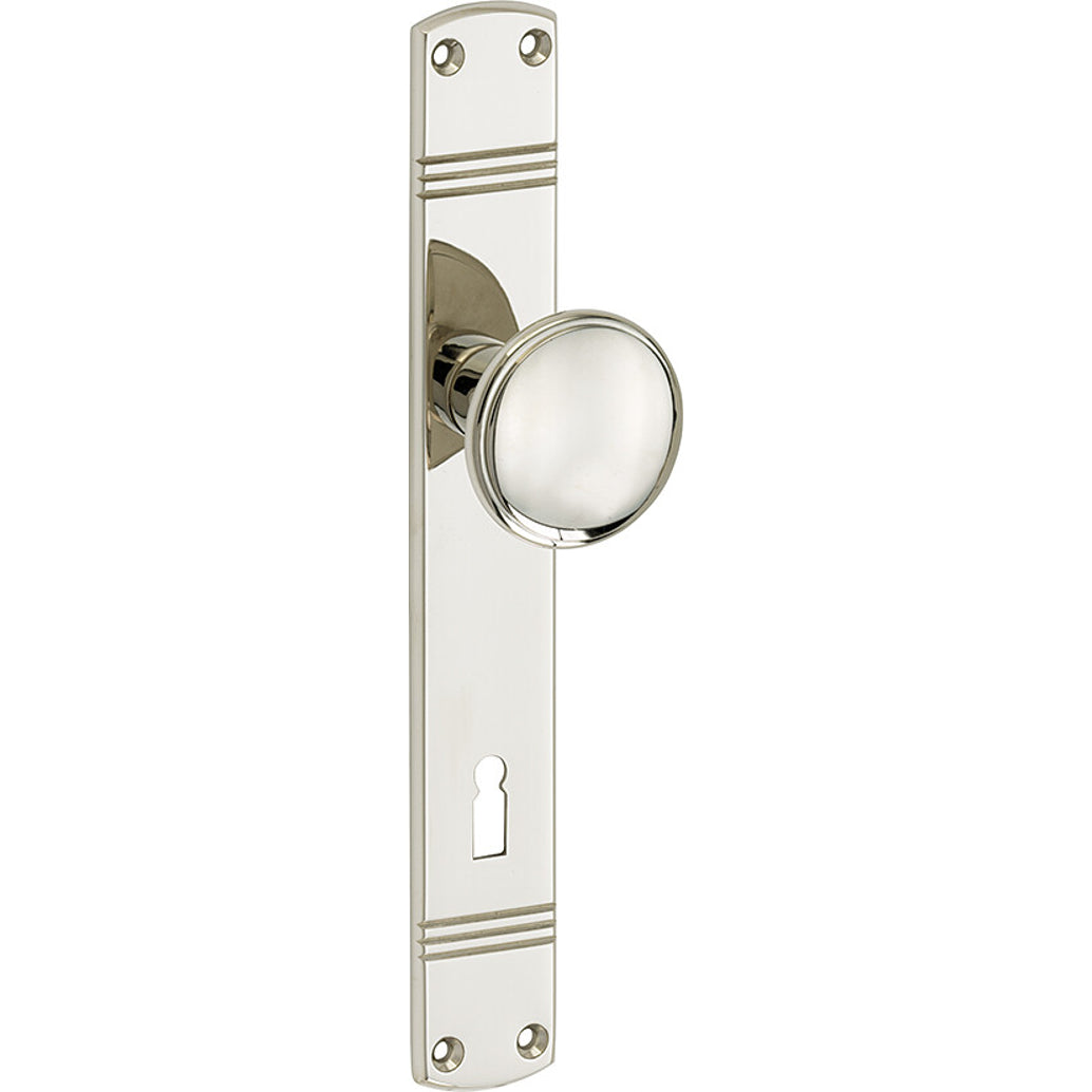 Knopgarnituur Art-Deco glanzend nikkel op langschild – sleutelgat 72 mm